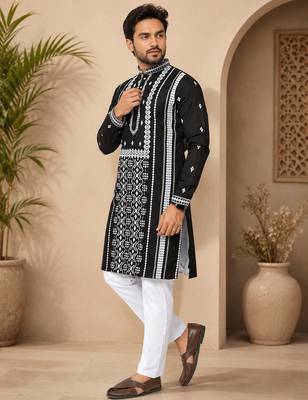 Black color embroidery and silver sequence work silk men's kurta payjama set 1