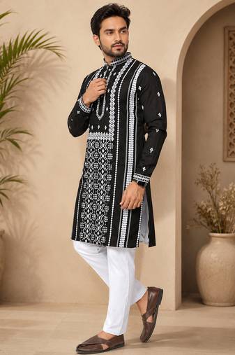 Black color embroidery and silver sequence work silk men's kurta payjama set