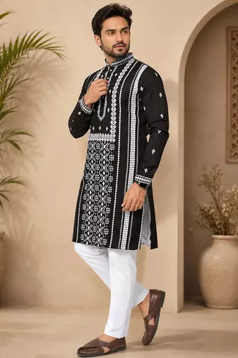 Black color embroidery and silver sequence work silk men's kurta payjama set