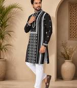 Black color embroidery and silver sequence work silk men's kurta payjama set