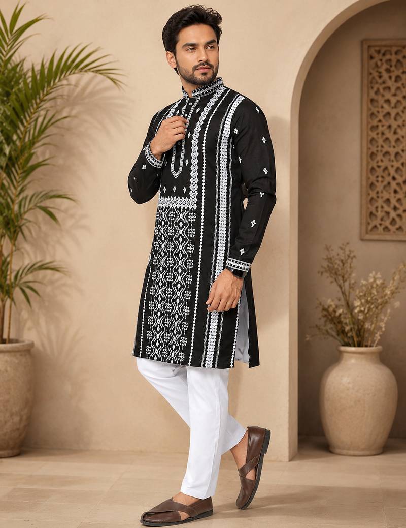 Black color embroidery and silver sequence work silk men's kurta payjama set