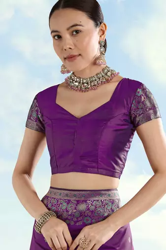 purple silk blend banarasi jacuard work saree with unstitched blouse piece