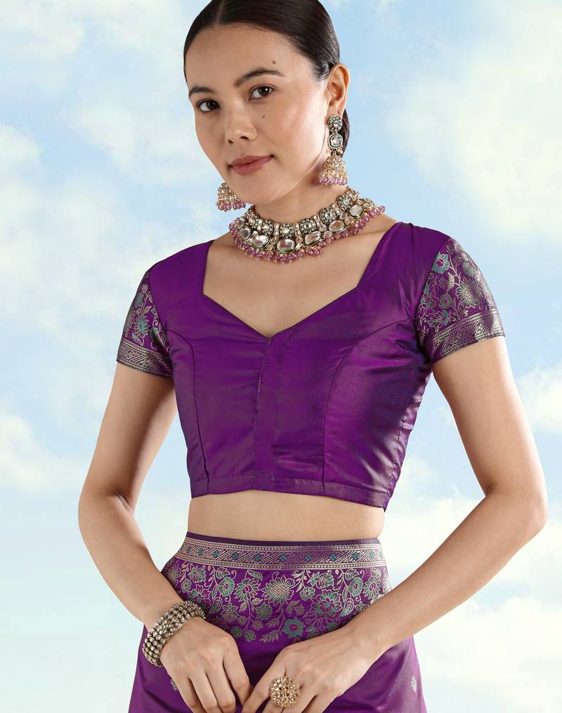 purple silk blend banarasi jacuard work saree with unstitched blouse piece