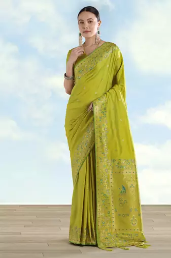 Parrot green banarasi silk blend jacuard work saree with unstitched blouse piece