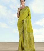 Parrot green banarasi silk blend jacuard work saree with unstitched blouse piece