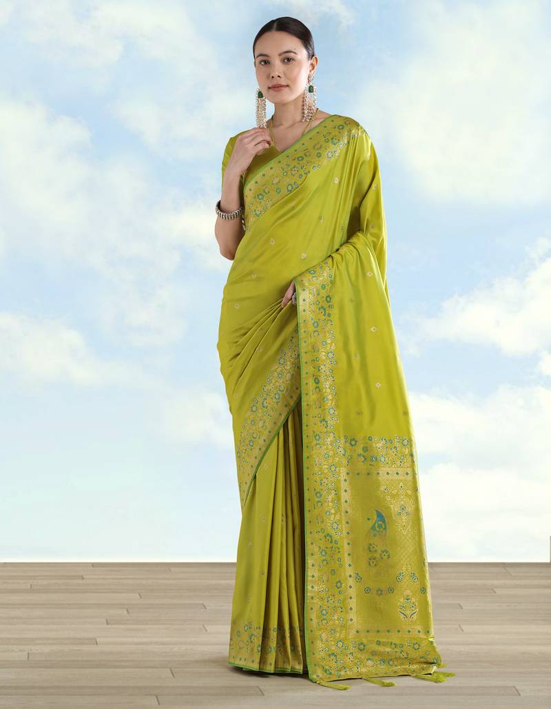 Parrot green banarasi silk blend jacuard work saree with unstitched blouse piece