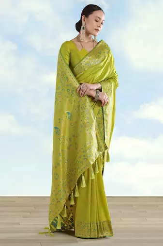 Parrot green banarasi silk blend jacuard work saree with unstitched blouse piece