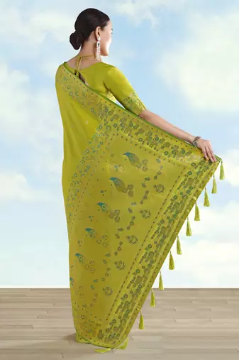 Parrot green banarasi silk blend jacuard work saree with unstitched blouse piece