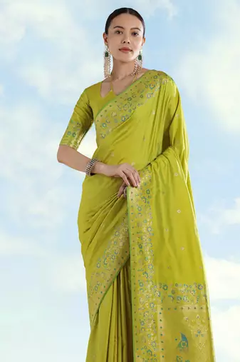 Parrot green banarasi silk blend jacuard work saree with unstitched blouse piece