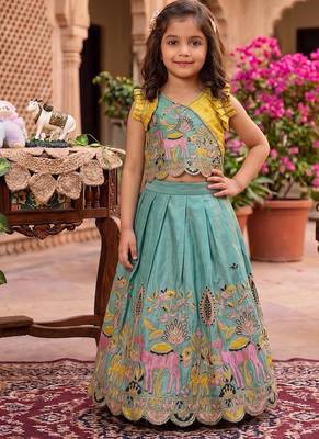 Seagreen viscose tissue with animal embroidered lehenga choli set for kids 1