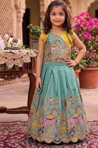 Seagreen viscose tissue with animal embroidered lehenga choli set for kids
