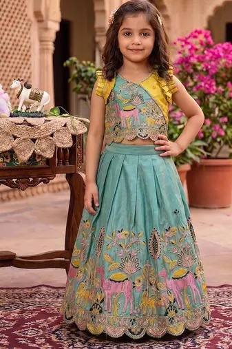 Seagreen viscose tissue with animal embroidered lehenga choli set for kids