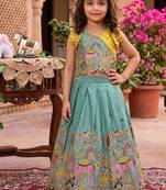 Seagreen viscose tissue with animal embroidered lehenga choli set for kids