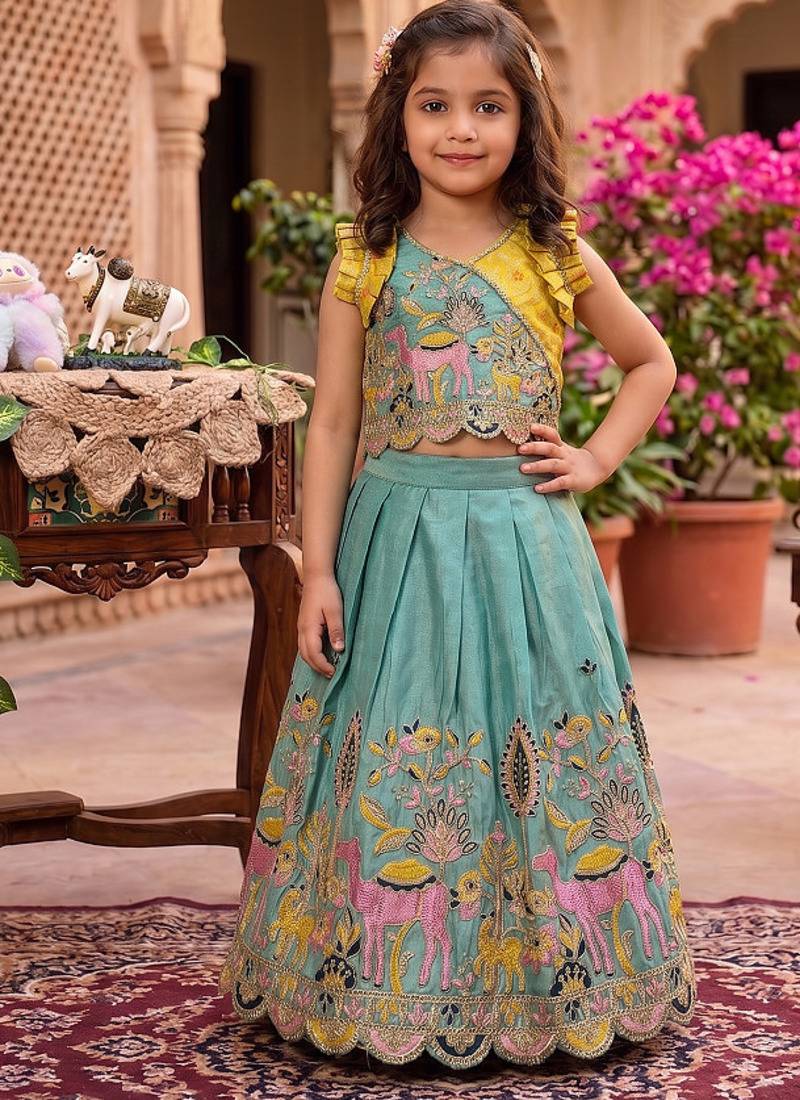 Seagreen viscose tissue with animal embroidered lehenga choli set for kids