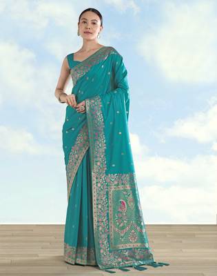 Rama banarasi silk blend jacuard work saree with unstitched blouse piece 1