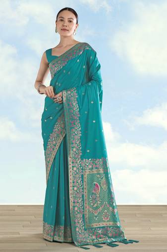 Rama banarasi silk blend jacuard work saree with unstitched blouse piece
