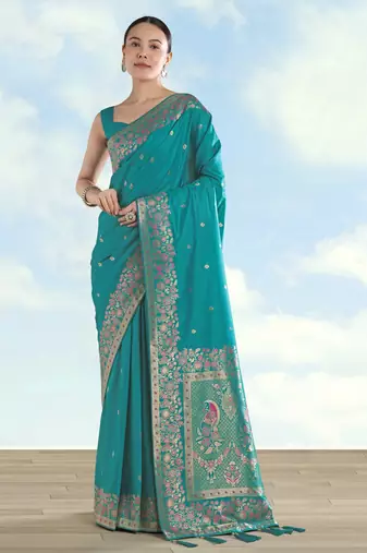 Rama banarasi silk blend jacuard work saree with unstitched blouse piece
