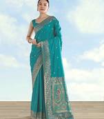 Rama banarasi silk blend jacuard work saree with unstitched blouse piece