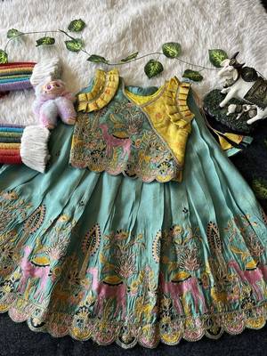 Seagreen viscose tissue with animal embroidered lehenga choli set for kids 2