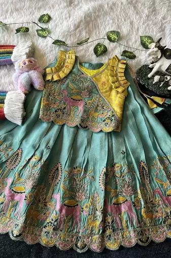 Seagreen viscose tissue with animal embroidered lehenga choli set for kids