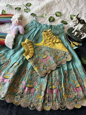 Seagreen viscose tissue with animal embroidered lehenga choli set for kids 3