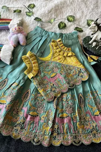 Seagreen viscose tissue with animal embroidered lehenga choli set for kids