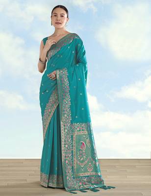 Rama banarasi silk blend jacuard work saree with unstitched blouse piece 2
