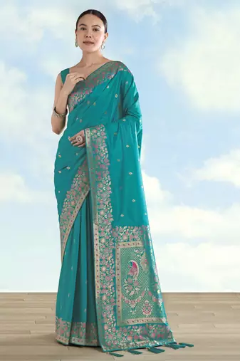 Rama banarasi silk blend jacuard work saree with unstitched blouse piece