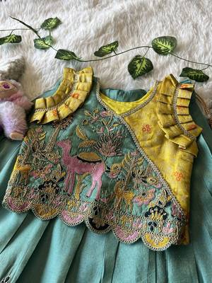 Seagreen viscose tissue with animal embroidered lehenga choli set for kids 4