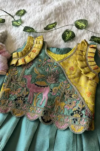 Seagreen viscose tissue with animal embroidered lehenga choli set for kids