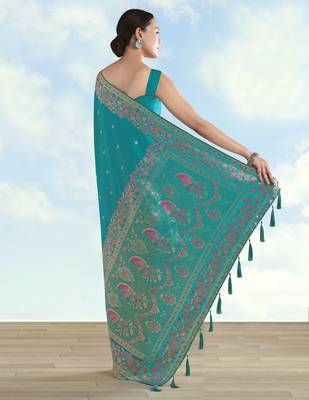 Rama banarasi silk blend jacuard work saree with unstitched blouse piece 3