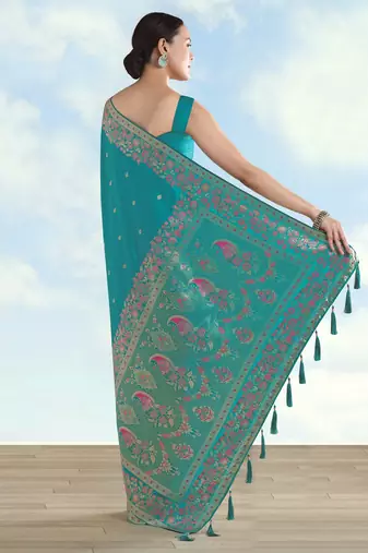 Rama banarasi silk blend jacuard work saree with unstitched blouse piece