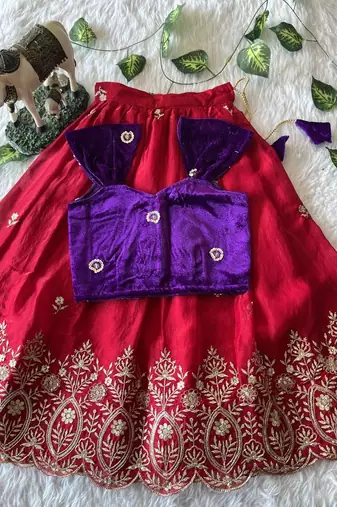 Red fendy silk embroidered lehenga with purple velvet work blouse for kids