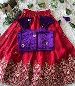 Red fendy silk embroidered lehenga with purple velvet work blouse for kids