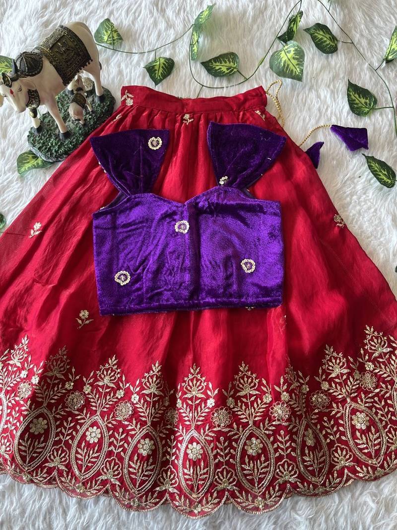 Red fendy silk embroidered lehenga with purple velvet work blouse for kids