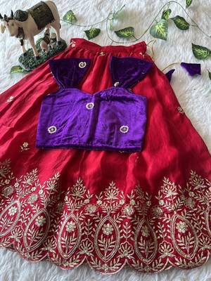 Red fendy silk embroidered lehenga with purple velvet work blouse for kids 2