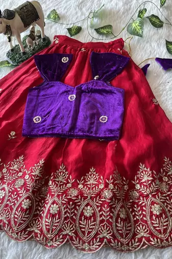 Red fendy silk embroidered lehenga with purple velvet work blouse for kids