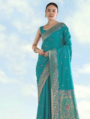 Rama banarasi silk blend jacuard work saree with unstitched blouse piece 4