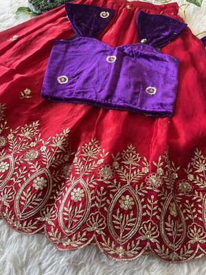 Red fendy silk embroidered lehenga with purple velvet work blouse for kids 3