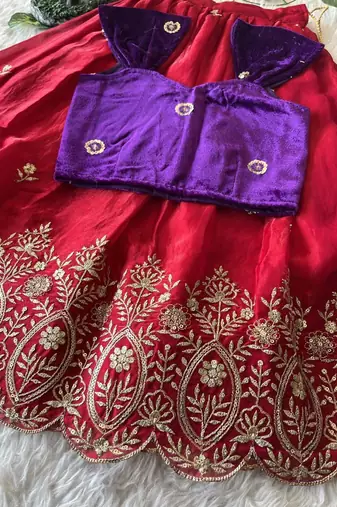 Red fendy silk embroidered lehenga with purple velvet work blouse for kids