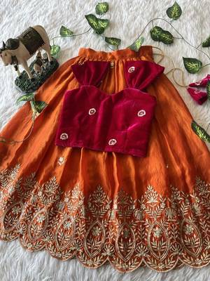 Orange fendy silk embroidered lehenga with red velvet work blouse for kids 1