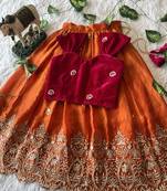 Orange fendy silk embroidered lehenga with red velvet work blouse for kids