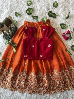 Orange fendy silk embroidered lehenga with red velvet work blouse for kids 2