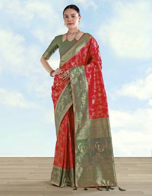 Red banarasi silk blend jacuard work saree with unstitched blouse piece 1