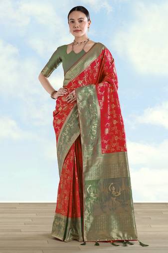 Red banarasi silk blend jacuard work saree with unstitched blouse piece