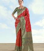 Red banarasi silk blend jacuard work saree with unstitched blouse piece