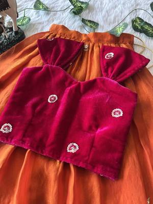 Orange fendy silk embroidered lehenga with red velvet work blouse for kids 3