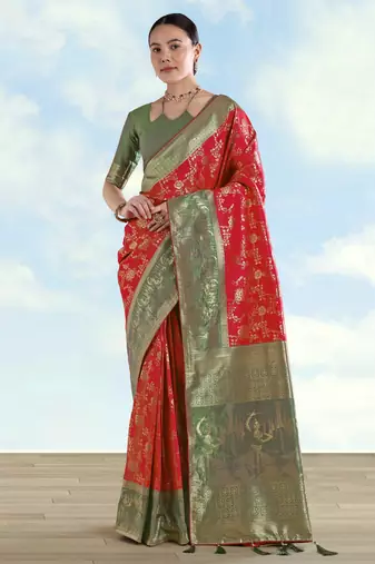 Red banarasi silk blend jacuard work saree with unstitched blouse piece