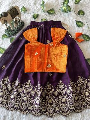 Purple fendy silk embroidered lehenga with orange velvet work blouse for kids 1