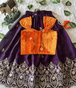 Purple fendy silk embroidered lehenga with orange velvet work blouse for kids
